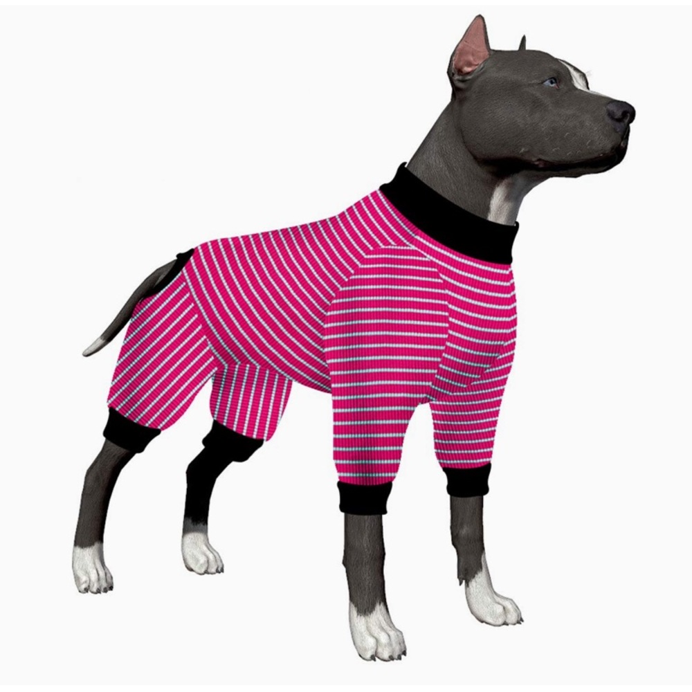 LOVINPET LARGE🐶DOG🐶 PAJAMAS PINK RED & GREEN STRIPES FULL BODY COVERAGE🌟NWT🌟
